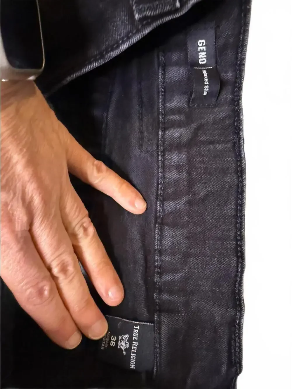 True Religion Men's geno relaxed slim Black Grey Jeans sz 38 white logo stitch